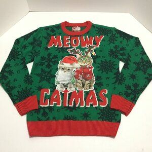Ugly Christmas Sweater Meowy Catmas Party Sweater Unisex Green Red Size S
